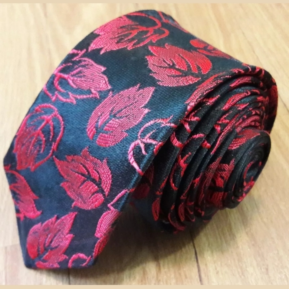🦋 Expressions Mens Tie Black Red Floral Skinny Slim